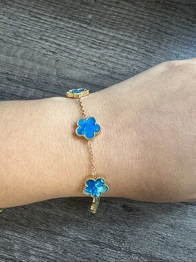 Gold Plated Stainless Steel Blue Flower Bracelet